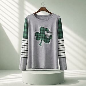 Plaid Shamrock Long Sleeve Tee - Gray and Green